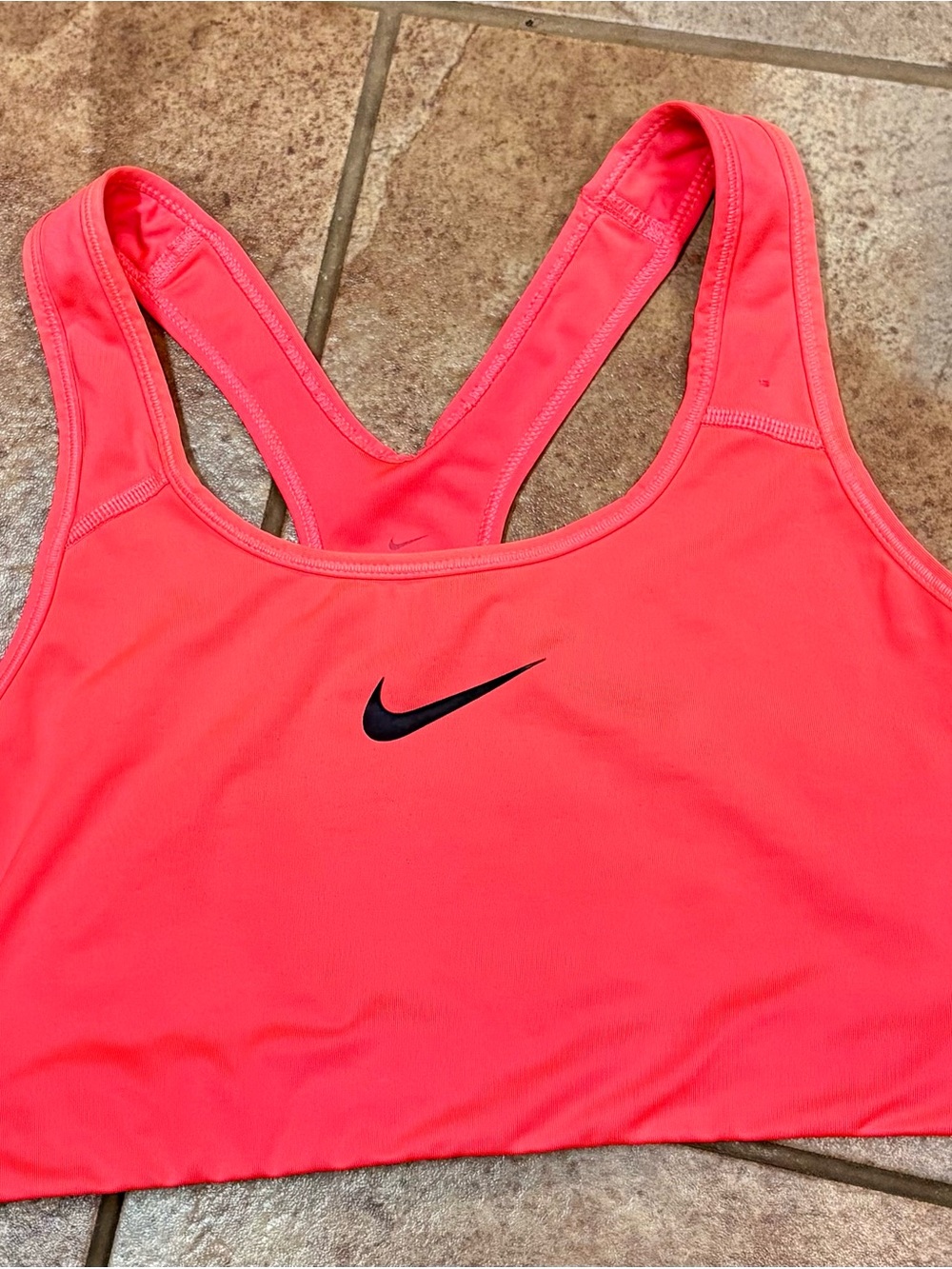 Nike Dri Fit Women's Bright Coral Racerback Sports Bra with Black Swoosh-XL